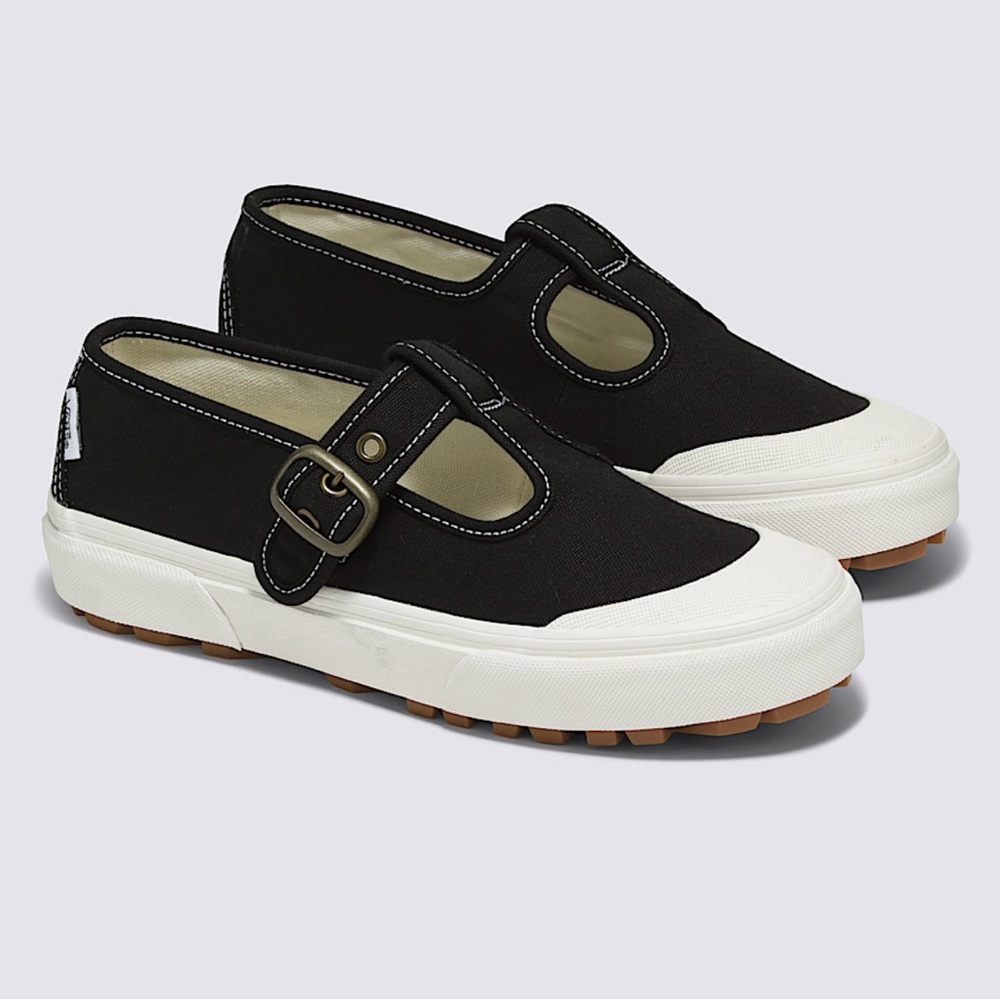 Vans Black and White Mary Jane Buckle Canvas Sneakers